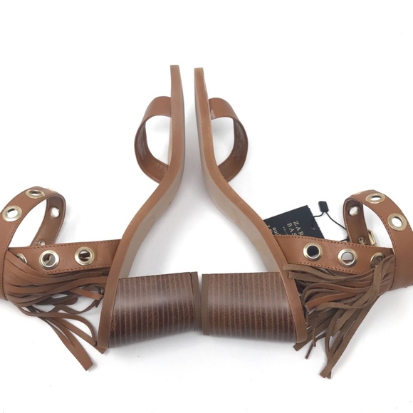 Zara Brown Leather Fringe Grommet Strappy Sandals - Picture 6 of 8